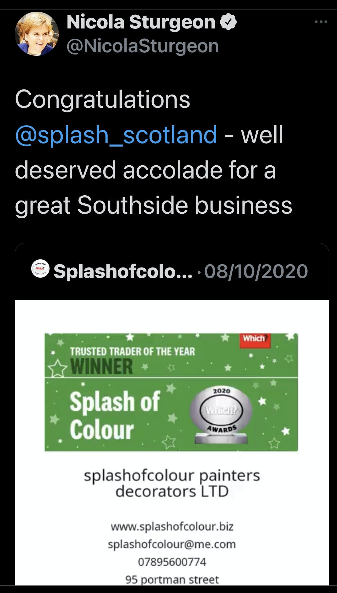 Nicola Sturgeon congratulates Splashofcolour Painters and Decorators